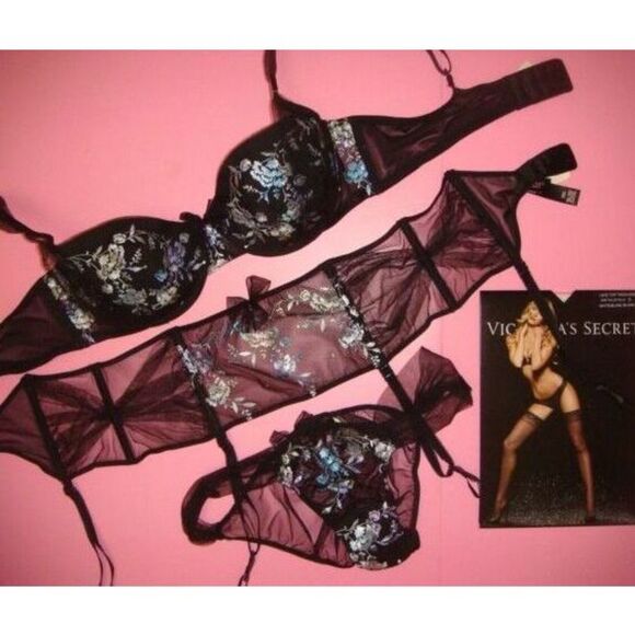 Victoria's Secret 34D BRA SET+GARTER+panty BLACK blue silver FLORAL EMBROIDERED